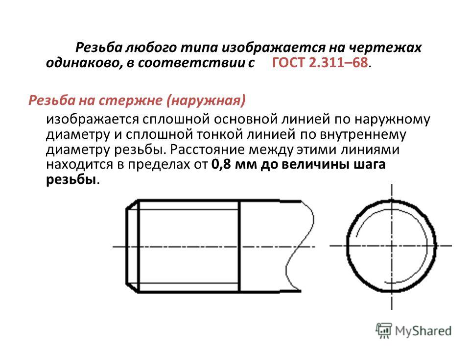 Шаг резьбы на чертеже. Наружная цилиндрическая резьба в соответствии с ГОСТ 2.311-68. Стержень с резьбой чертеж. Резьба на стержне черчение. Резьба на чертеже тонкой линией.