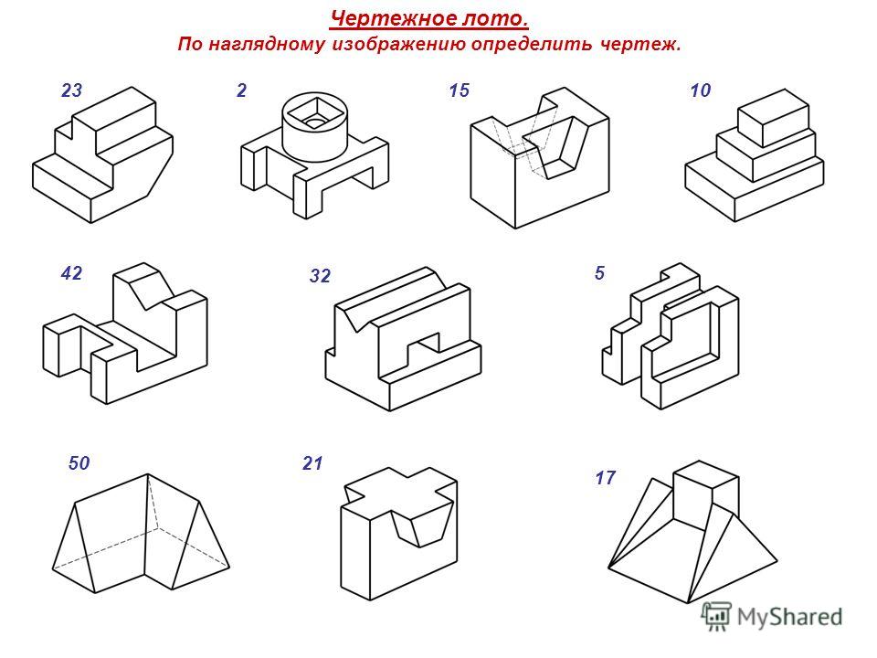 Наглядное изображение. По наглядному изображению. По наглядному изображению определить чертеж модели. Выбор главного вида детали. Выбрать положение детали для построения главного вида.