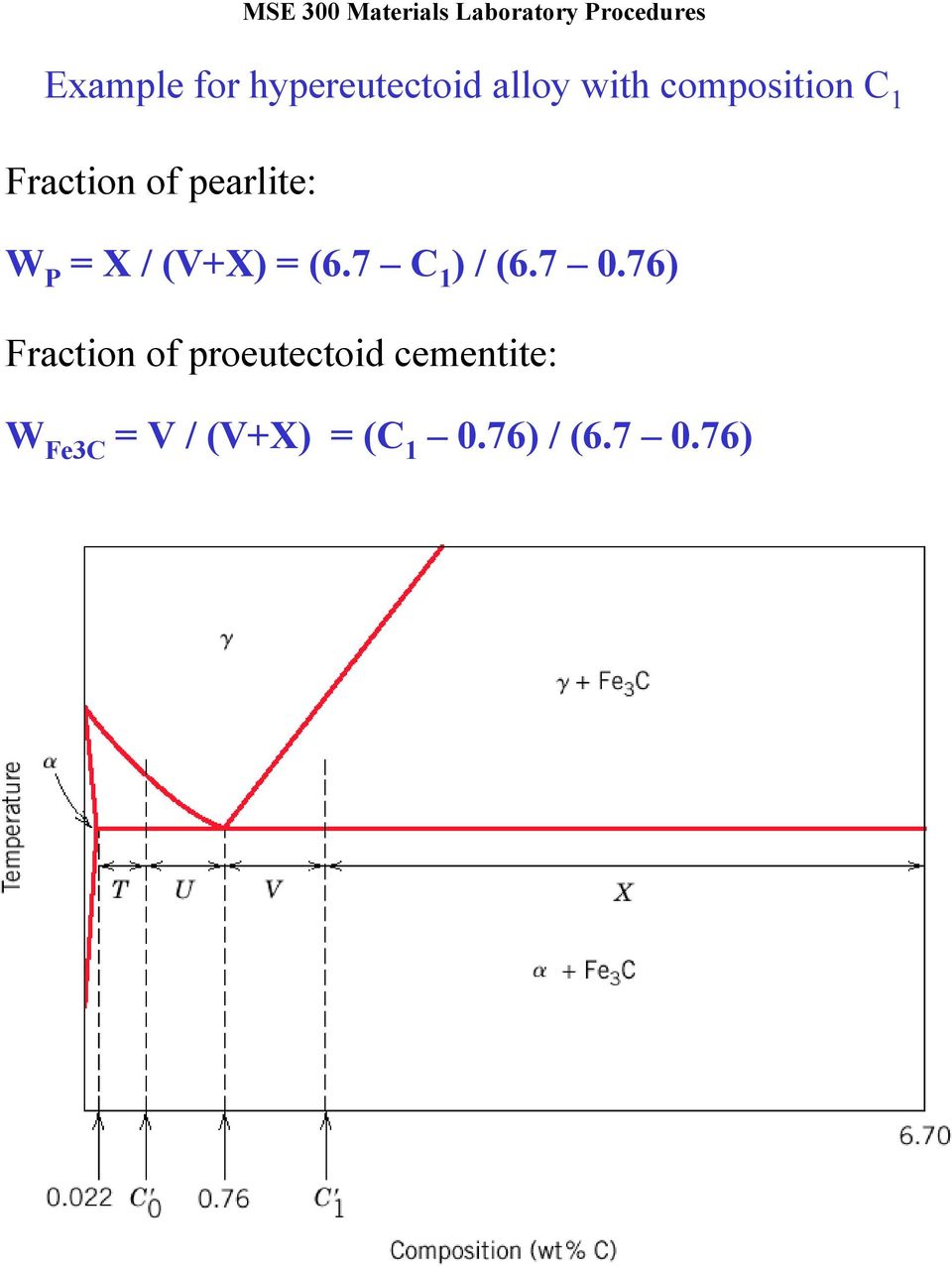 76) Fraction of proeutectoid cementite: W Fe3C = V / (V+X) = (C 1 0.