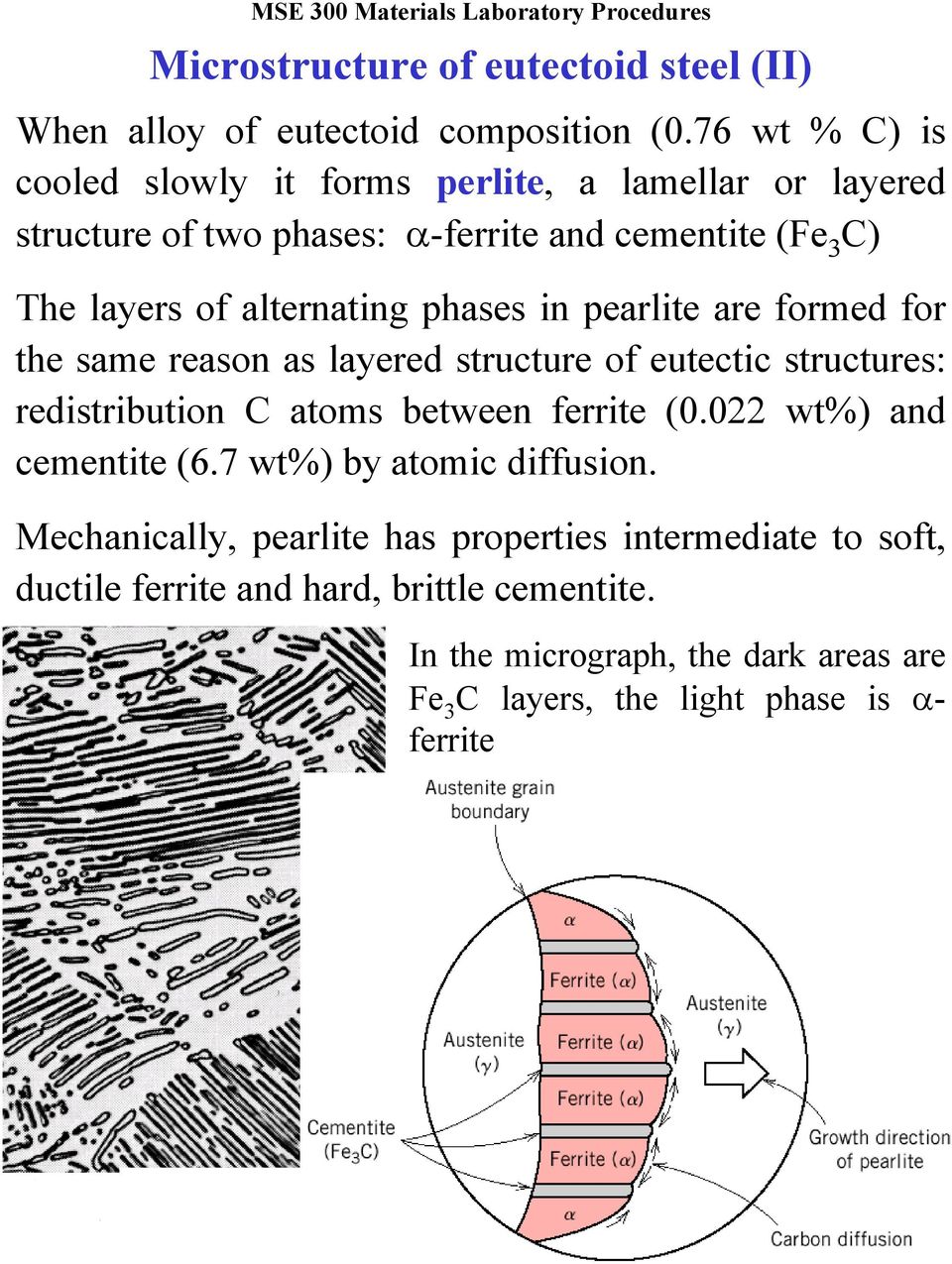 pearlite are formed for the same reason as layered structure of eutectic structures: redistribution C atoms between ferrite (0.022 wt%) and cementite (6.
