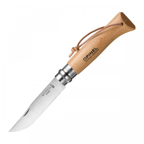 Складной Нож Opinel Stainless steel №8, нержавеющая сталь Sandvik 12C27, бук, 001321, с кожаным темляком