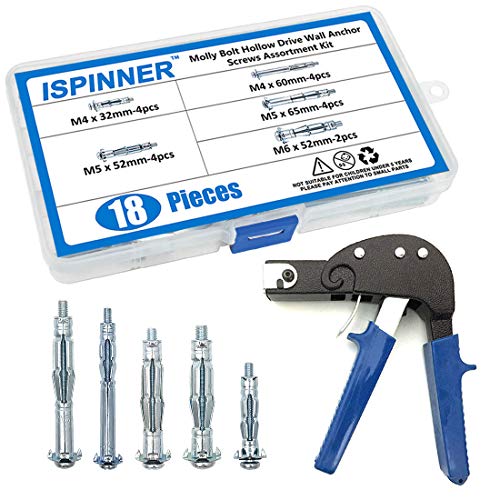 ISPINNER Heavy Duty Wall Anchor Gun Metal Setting Tool with 18pcs Molly Bolt Hollow Drive Wall Anchor Screws Assortment Kit for Cavity Anchor Plasterboard Fixing