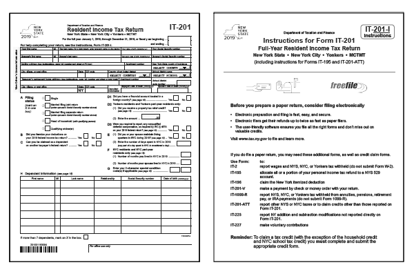 New York Form IT-201 and New York Form IT-201 Instructions for tax year 2019.